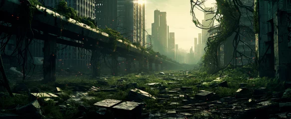 Fotobehang Overgrown cityscape post-cataclysm, nature reclaiming ruins with vibrant greenery Abandoned, serene yet haunting Contrast of urban decay and thriving flora, under a hazy sunlight © Andrei