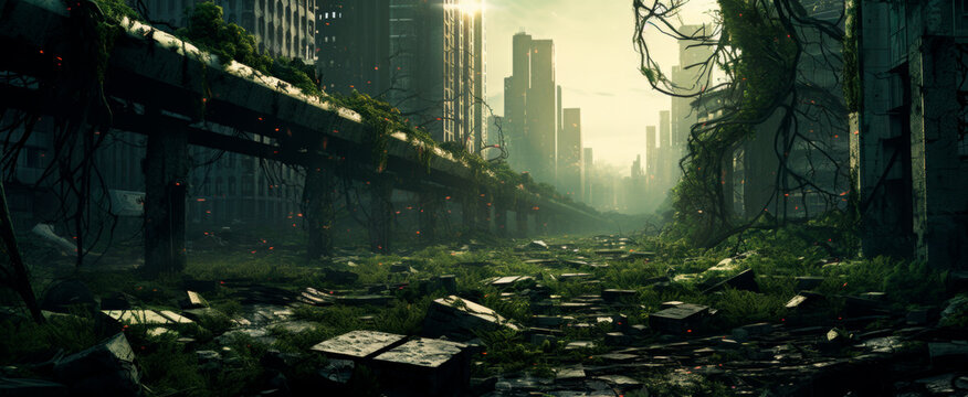 Overgrown cityscape post-cataclysm, nature reclaiming ruins with vibrant greenery Abandoned, serene yet haunting Contrast of urban decay and thriving flora, under a hazy sunlight