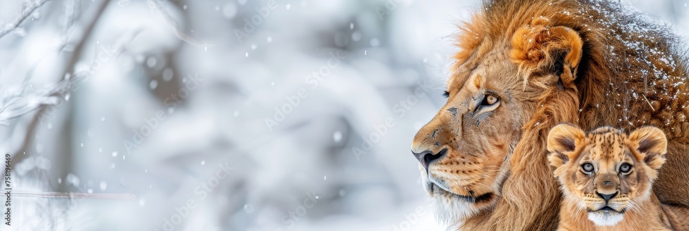 Poster male lion and cub portrait with object on right, spacious area on left for adding text