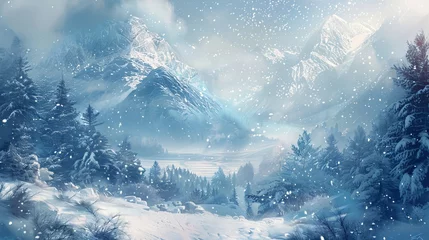 Selbstklebende Fototapeten Enchanting winter wonderland: digital art illustration of a snowy landscape, capturing the serenity and majesty of nature's cold embrace © Ashi