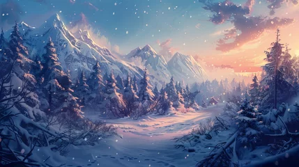 Fototapeten Enchanting winter wonderland: digital art illustration of a snowy landscape, capturing the serenity and majesty of nature's cold embrace © Ashi