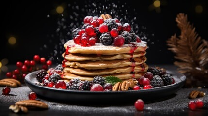 Pancakes with berries and powdered sugar on a black background.
