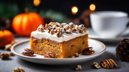 Pumpkin cake with whipped cream and nuts on a dark background
