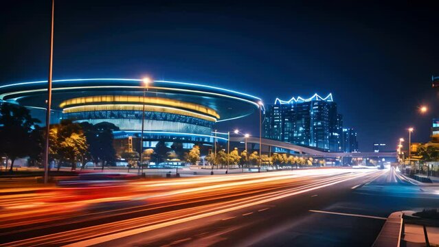 the light trails on the modern building background in shanghai china, Night cityscape with buildings and roads in Beijing city, long exposure photo, AI Generated