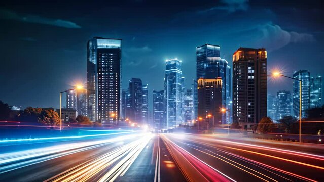 the light trails on the modern building background in shanghai china, Night cityscape with buildings and roads in Beijing city, long exposure photo, AI Generated