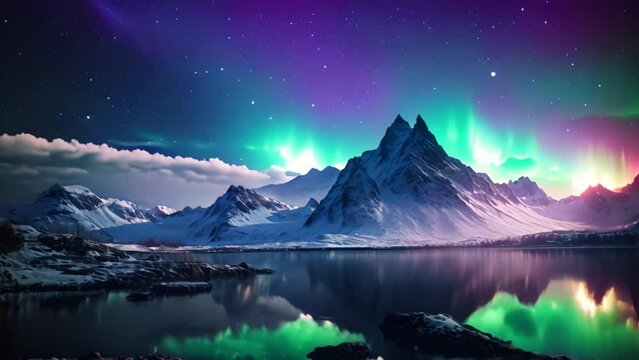 Aurora borealis in the night sky over the mountain lake, Northern Lights Above Mountains, AI Generated