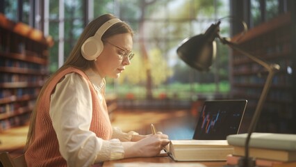 Female in university campus space. Young woman college student sitting in public library, studying for exams, listening music in headphones.