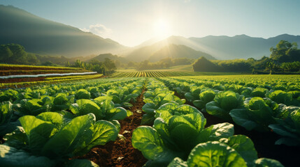 A field of green lettuce with a mountain in the background