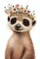 Baby groundhog in watercolor style on white background. Animal with Flowers colorful Crown. Cute wildlife animal cartoon drawing. Decorative kids background. include "Generative AI"	
