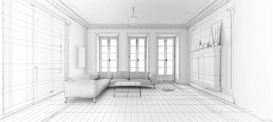 Drawing of a room, wireframe on white background - obrazy, fototapety, plakaty