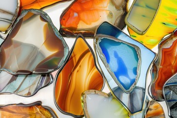 А variety of differently colored glass pieces arranged together. Each piece displays a unique hue, creating a vibrant and diverse composition of abstract forms. - obrazy, fototapety, plakaty