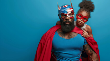 A joyful father wearing a helmet with an American flag design and red goggles gives a piggyback ride to his daughter, who wears a red superhero cape and goggles - Powered by Adobe
