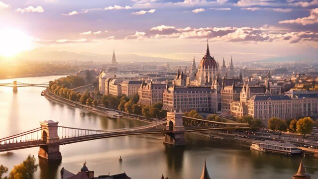 Dramatic sunset over the Danube river in Budapest, Hungary, Panoramic view over the budapest at sunset, AI Generated