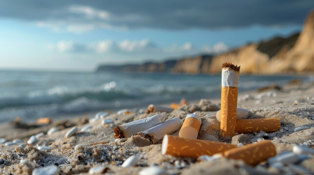 A pile of cigarette butts on the beach