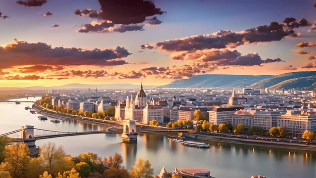 Panoramic view of Budapest and Danube river at sunset, Hungary, Panoramic view over the budapest at sunset, AI Generated