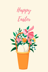 Happy easter. Eggs, flowers. Easter concept. Template for card, poster, banner, paper, textile. Vector illustration in modern style. 