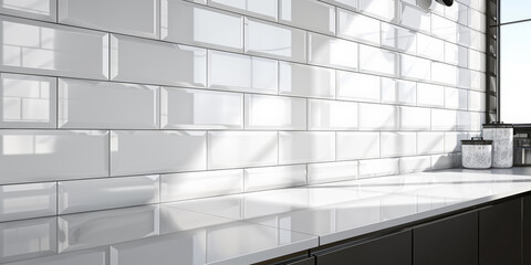 Modern Kitchen Interior with Glossy White Tiles and Natural Light