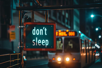 Don't sleep sign on urban street at night with bus approaching - obrazy, fototapety, plakaty