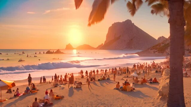 Beautiful sunset on the beach in Calpe, Alicante, Spain, Picturesque view of Cala d'Hort tropical Beach, people hangout in beautiful beach with Es Vedra rock view during magnificen, AI Generated