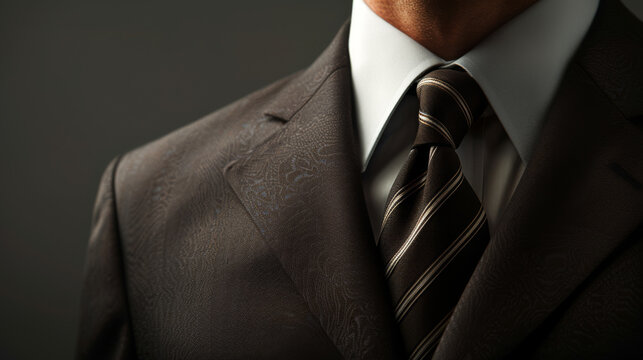 close-up view of a man in a business suit with a pinstriped design. He is wearing a white dress shirt and a striped tie.