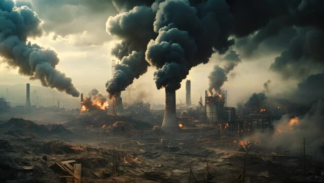 Burning factory with smoke and smog. Conceptual image, pollution of the planet and atmosphere with harmful emissions, AI Generated