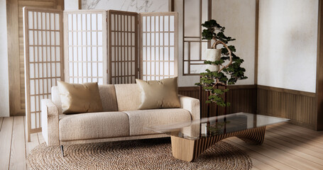 Sofa armchair in japanese living room with empty wall.