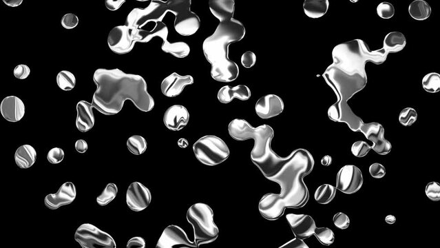 3D Liquid Metal morphing blobs, chrome texture shiny silver abstract shapes bubbles isolated on black background with alpha matte looping animation.
