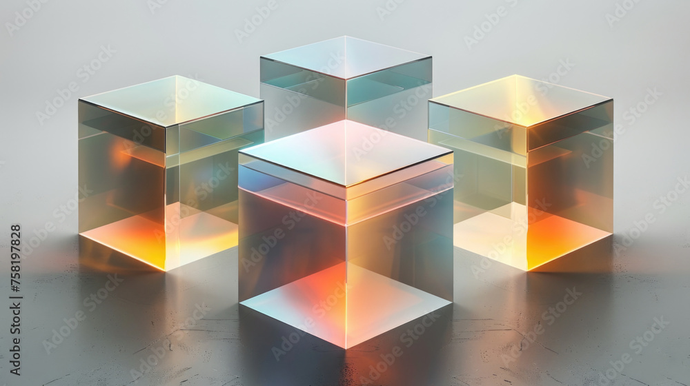 Poster a group of three transparent glass cubes are arranged neatly on top of a wooden table, creating an i