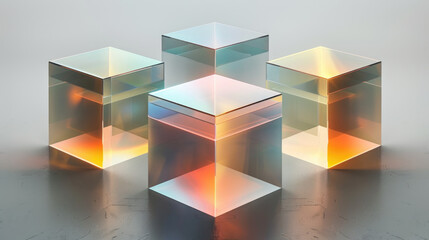 A group of three transparent glass cubes are arranged neatly on top of a wooden table, creating an interesting visual display.