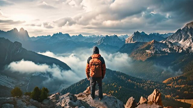 Hiker with backpack standing on the edge of a cliff and enjoying the view of Dolomites, Italy, rear view of Sporty man on the mountain peak looking on mountain valley, AI Generated