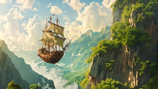 Flying wooden boats on the land of a fantasy world