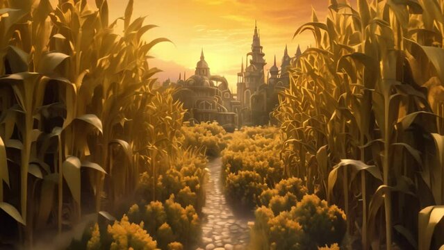 3d render of a corn field at sunset with a castle in the background, Recreation artistic of maizefield with maize plants at sunset, AI Generated