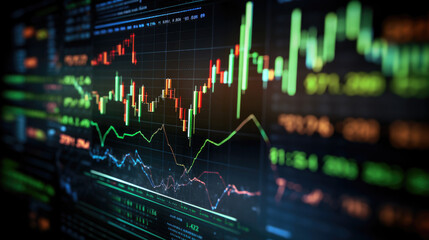 Close-up of a financial trading screen displaying market data with various colored candlestick charts, numerical values, and trend lines indicating stock performance. - obrazy, fototapety, plakaty