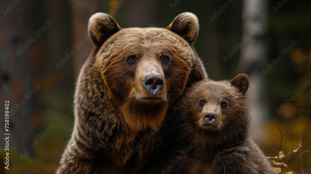 Poster male bear and cub portrait with space for text on the left and object on the right