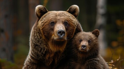Fototapeta premium Male bear and cub portrait with space for text on the left and object on the right