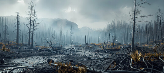 Devastated scorched earth, burnt trees, burnt vegetation and grass