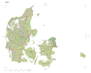 Denmark shape isolated on white. OSM Topographic German style map © zelwanka