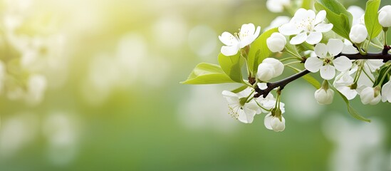 Naklejka premium Ethereal Blossoms: Serene White Flowering Tree Branch in Nature's Tranquil Beauty