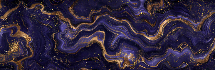Natural purple and gold marble texture for skin wallpaper, luxurious background for design artwork. Stone alcohol ink art wall panorama with golden waves. Luxury navy gold backdrop for copy space
