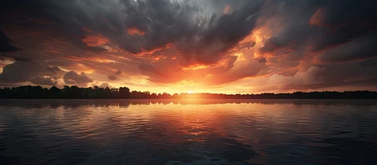 Gardinen Fiery Sun Setting on the Horizon Casting Reflections on Tranquil Water Surface © Gular