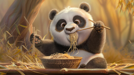 Whimsical Art of A cute panda cub clumsily attempting to eat noodles with chopsticks. - obrazy, fototapety, plakaty