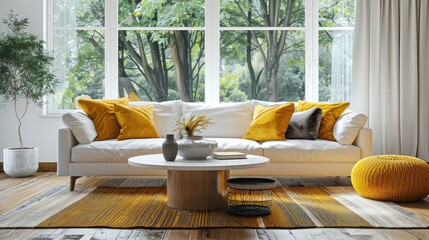 Round coffee table next to white sofa with yellow cushions. Generative Ai