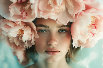 Young woman with large pink peonies adorning her head, with bokeh effect, close-up portrait - obrazy, fototapety, plakaty