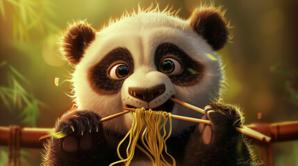 Whimsical Art of A cute panda cub clumsily attempting to eat noodles with chopsticks.