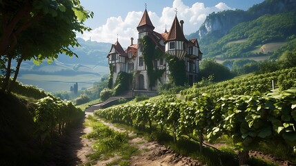 Vineyard Majesty: An Elegant Vineyard Estate with Rows of Grapevines.
