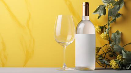 White wine bottle and glass with spring wildflowers on a yellow background. Free space for product placement or advertising text.