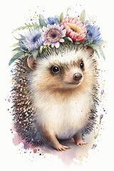Baby hedgehog in watercolor style on white background. Animal with Flowers colorful Crown. Cute wildlife animal cartoon drawing. Decorative kids background. include "Generative AI"	
