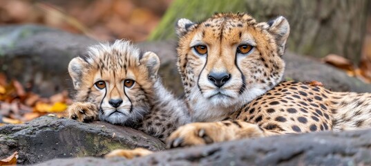 Male cheetah and cub portrait with space for text, object on right side, ideal for adding text