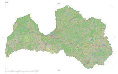 Latvia shape isolated on white. OSM Topographic German style map