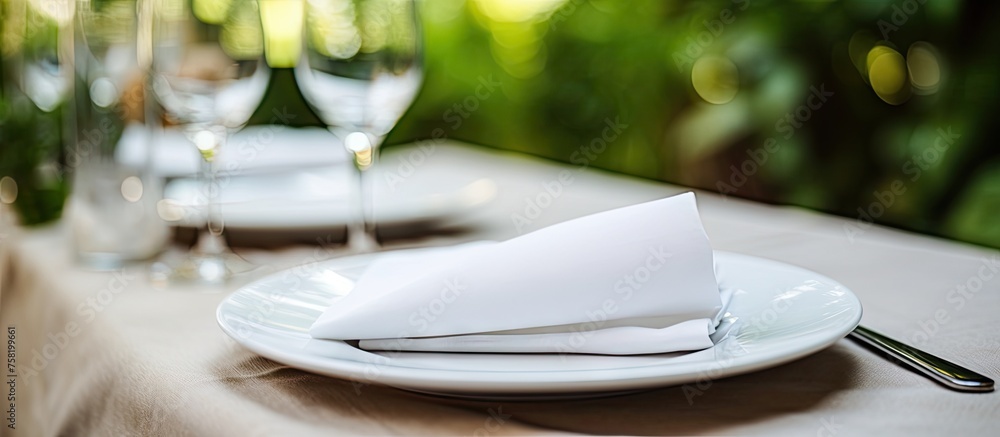 Poster elegant table setting with white plate and napkin for fine dining experience